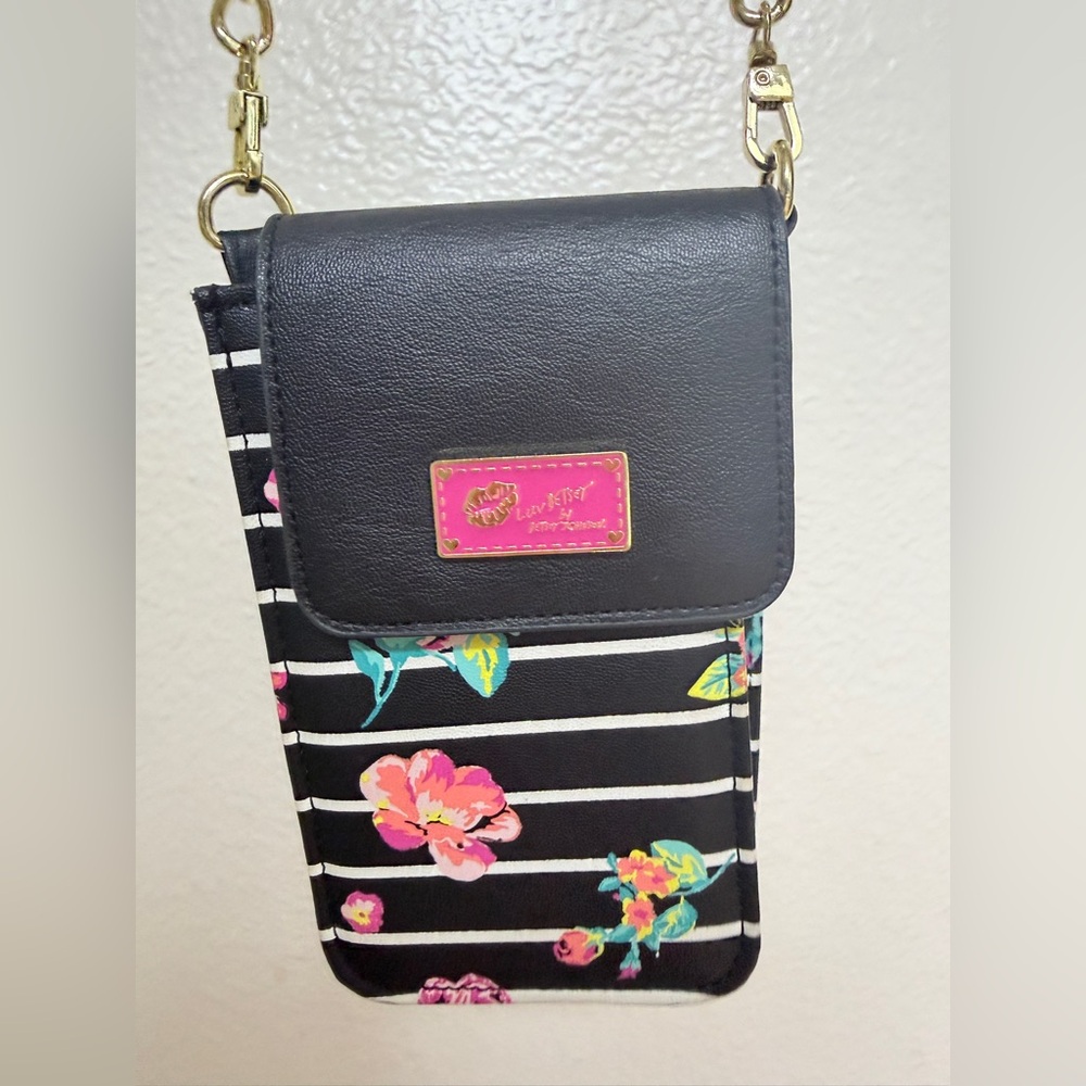Betsey Johnson Black Floral Stripe Phone Crossbody Bag Mini Purse Gold Chain